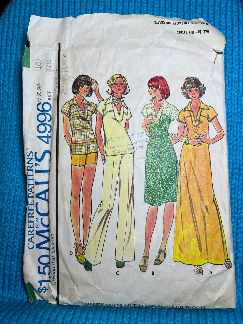 McCalls 4996 pattern Maxi dress top pants or shorts 1970s size 10